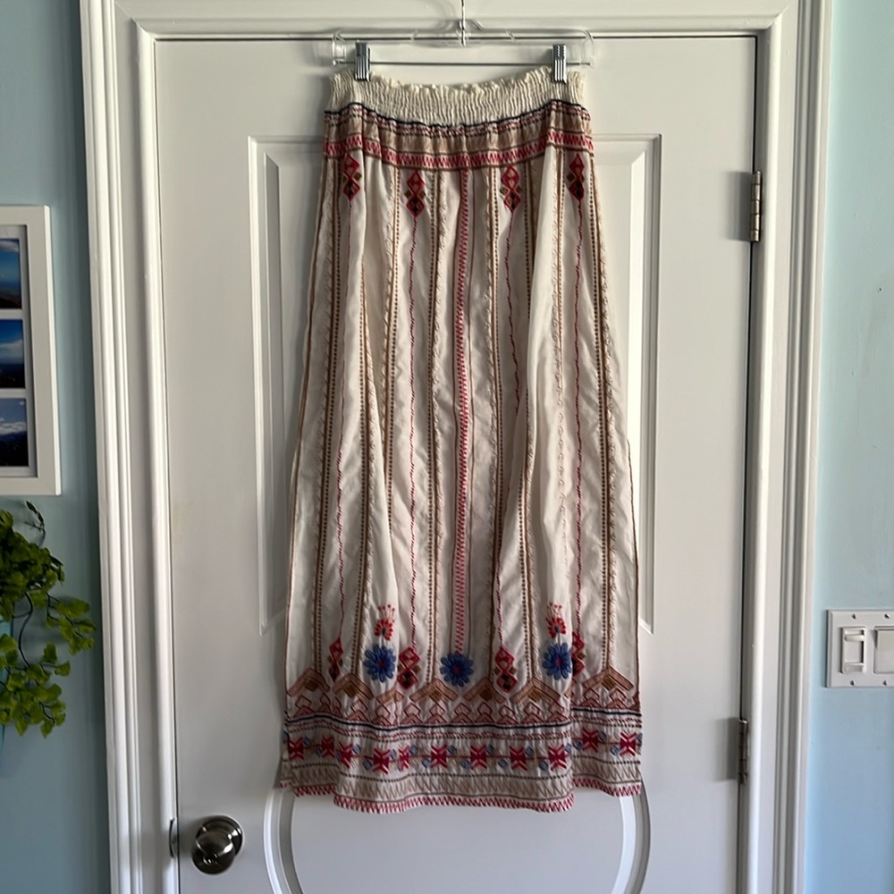 Boho Embroidered Cream Maxi Skirt with Red & Blue Accents